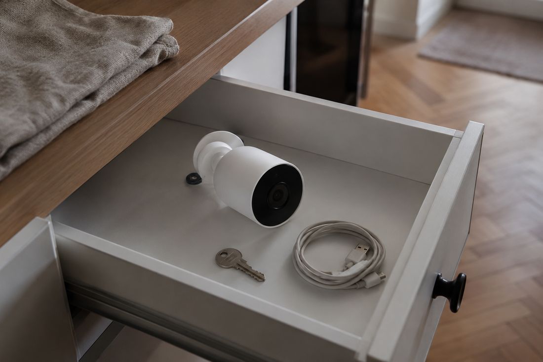 A drawer with several spare keys and an unplugged indoor camera