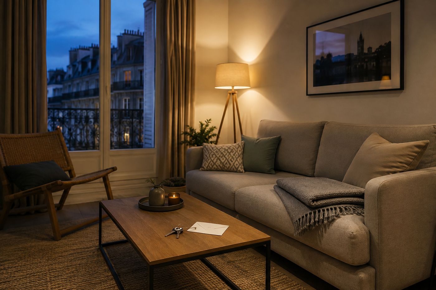 The hallway of a rental flat with a front door and a set of keys on a side table
