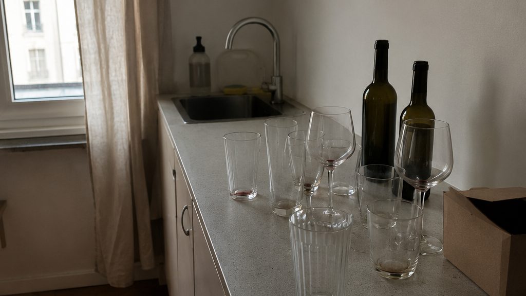Empty wine bottles and glasses left on a kitchen counter in a rented flat